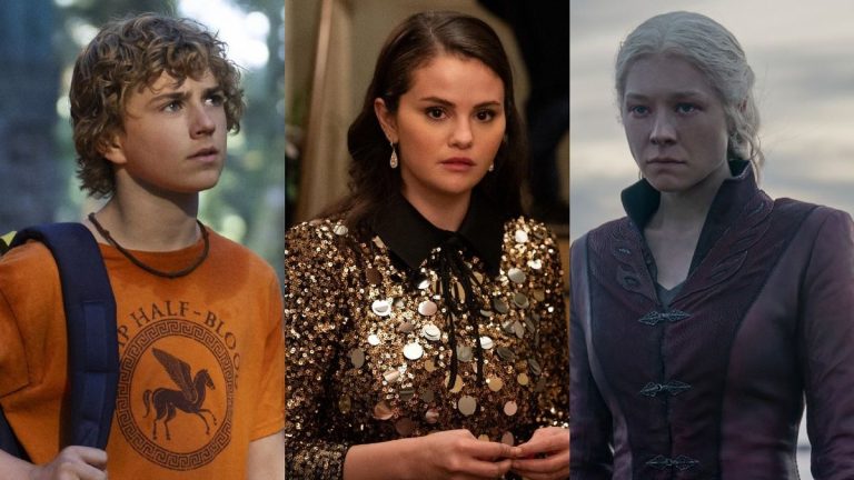 From left to right: Walker Scobell as Percy looking to his right in Percy Jackson, Selena Gomez as Mabel looking concerned in Only Murders in the Building and Emma D