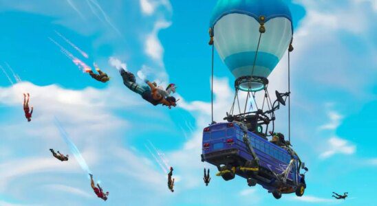 Fortnite's Battle Bus flying in the sky with players dropping in.