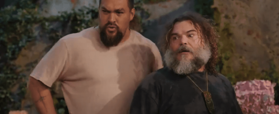 Jason Momoa and Jack Black looking shocked as they celebrated Minecraft