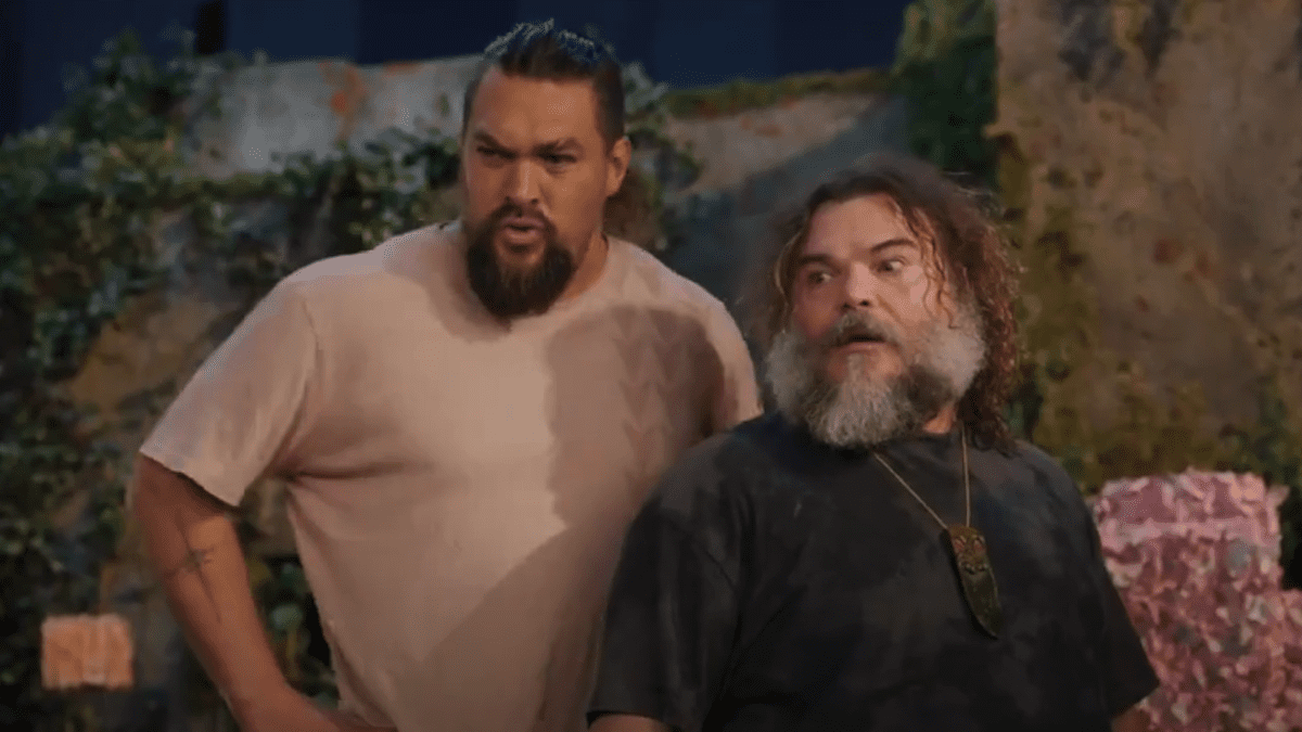 Jason Momoa and Jack Black looking shocked as they celebrated Minecraft