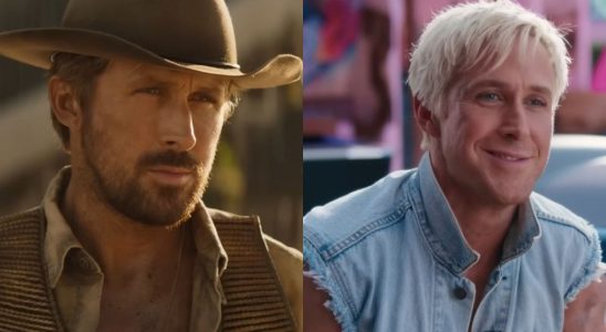 Ryan Gosling looking stern as a cowboy in The Fall Guy/Ryan Gosling smiling as Ken in Barbie