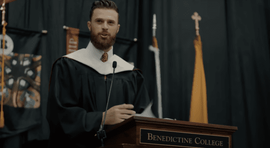 Kansas City Chiefs Kicker Harrison Butker giving speech at Benedictine College Commencement