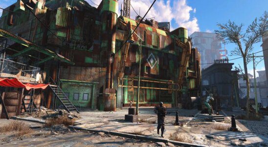 Fallout 4: a security guard stands outsid ethe entrance to Diamond City.