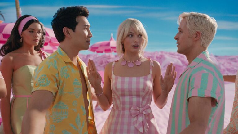 Ryan Gosling as Ken, Simu Liu as Ken and Margot Robbie as Barbie in Barbie