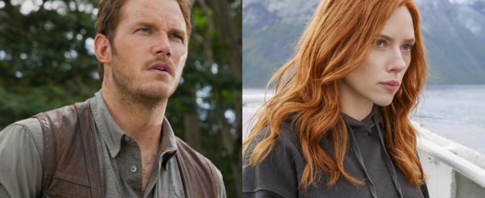 Chris Pratt as Owen Grady in Jurassic World looking into the distance and Scarlett Johannson with long red hair with a scenic background in Black Widow