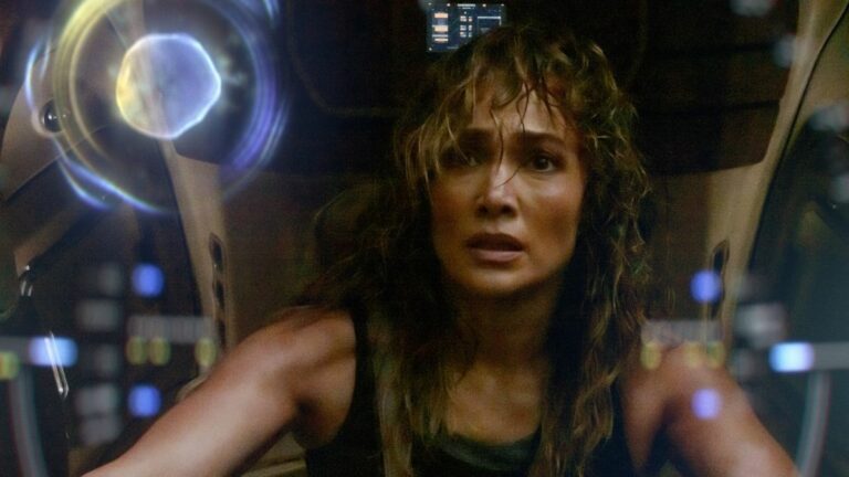 Jennifer Lopez looks scared in an image from Atlas.