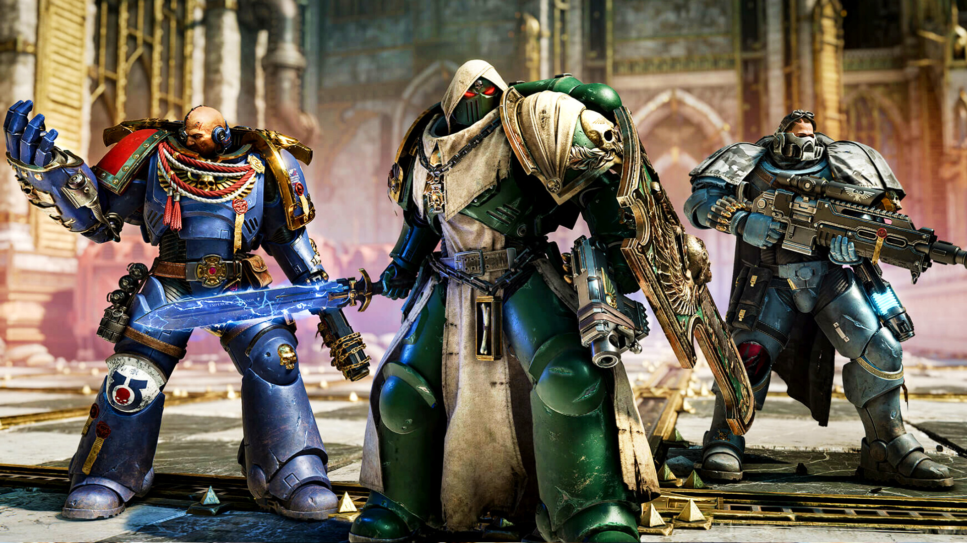 Warhammer 40k Space Marine 2 - Trois space marines en armure lourde se tiennent ensemble.