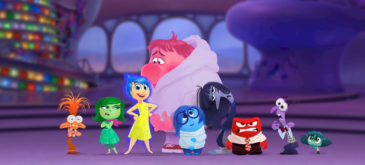 Art conceptuel montrant la gamme complète des émotions dans Inside Out 2 : Anxiety, une figure orange ressemblant à un muppet ;  Dégoût, une petite femelle verte ;  Joy, une figure jaune souriante ;  Embarras, une silhouette rose énorme et imposante ;  Tristesse, une figure ronde et bleue ;  Ennui, une silhouette indigo tombante ;  La colère, un bloc rouge ;  La peur, une silhouette violette et sinueuse ;  et Envy, une goutte turquoise.