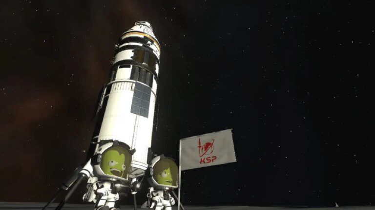 Kerbal Space Program astronauts on moon next to rocket