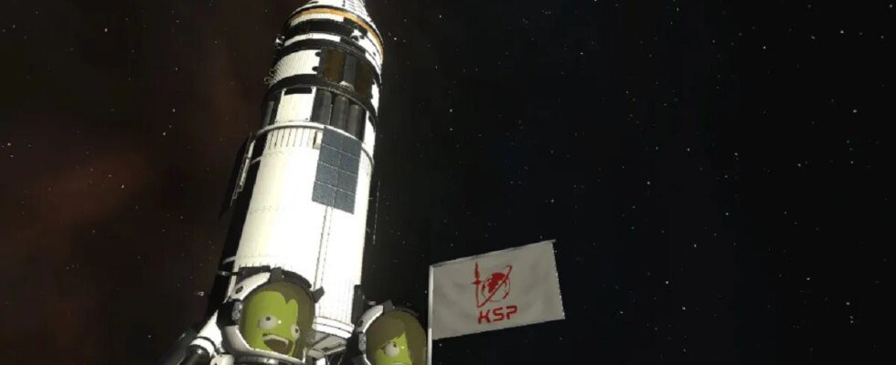 Kerbal Space Program astronauts on moon next to rocket