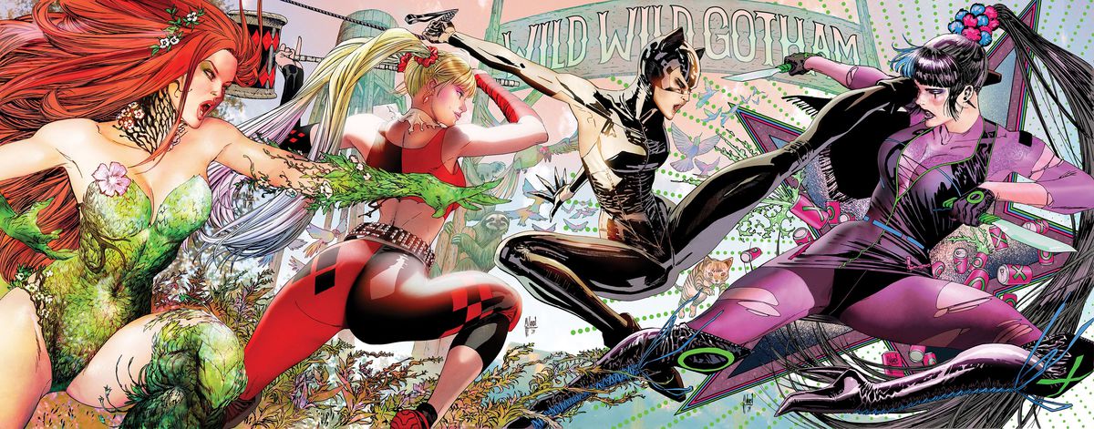 Poison Ivy, Harley Quinn et Catwoman affrontent Punchline sur une image connectée de quatre couvertures.