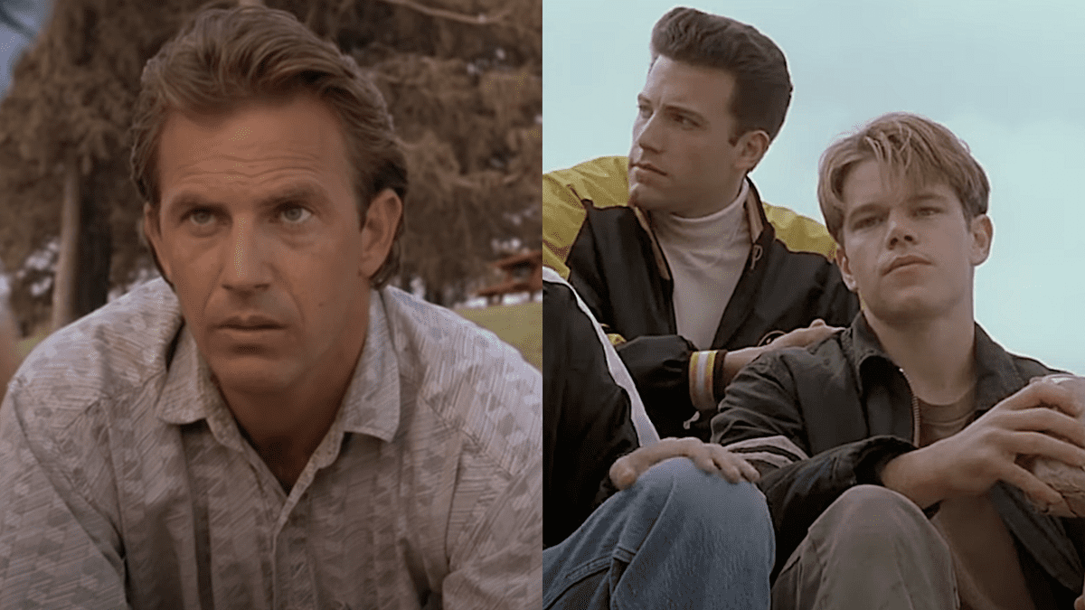 Kevin Costner in Field of Dreams/Ben Affleck and Matt Damon in Good Will Hunting (side by side)