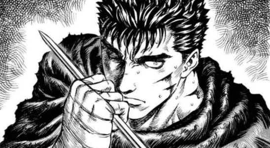 Guts grabs a sword by the blade