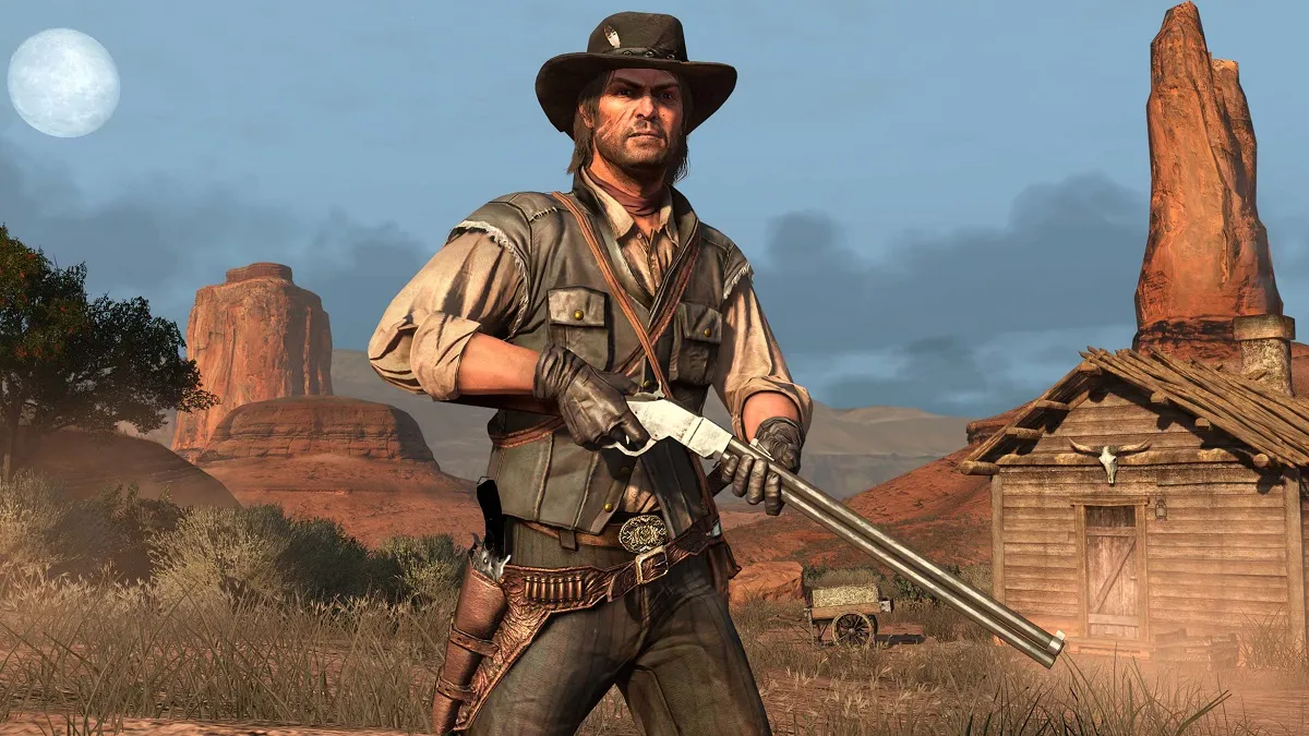 Red Dead Redemption: John Marston holds a shotgun.