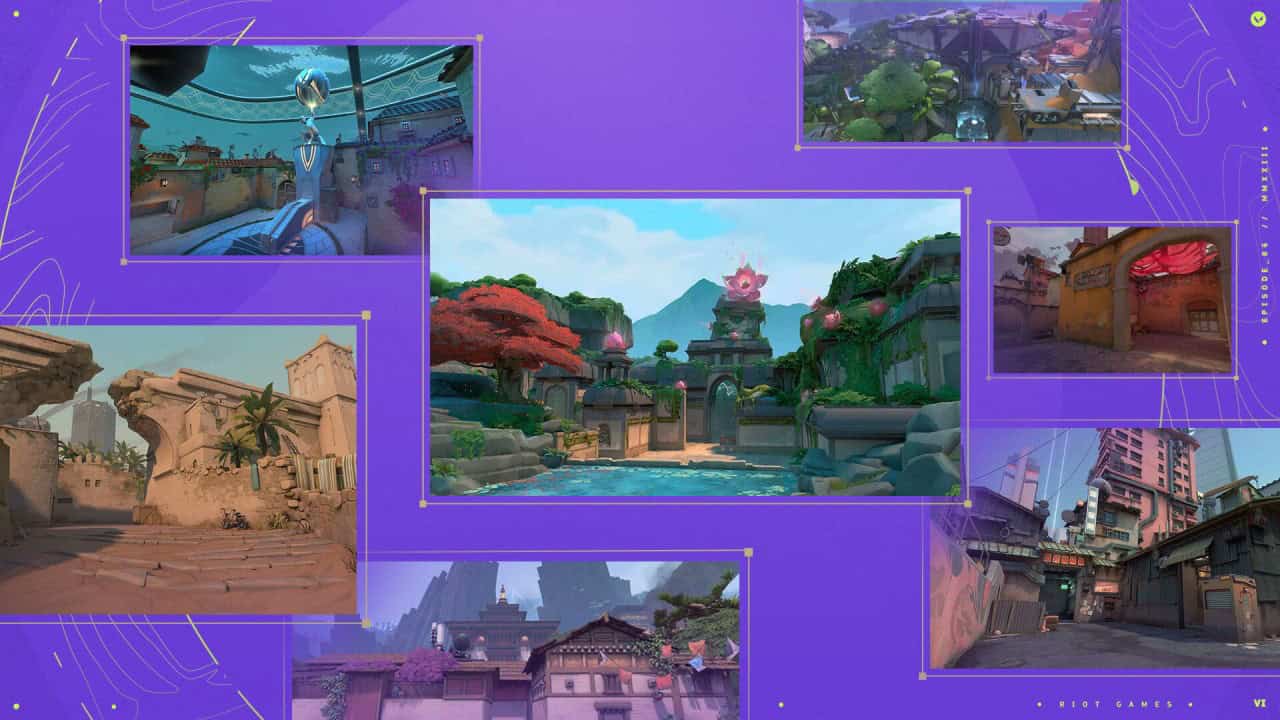 Collage of various scenes from Valorant featuring diverse, stylized environments, including urban, tropical, and ancient ruins settings, with a purple frame and game developer