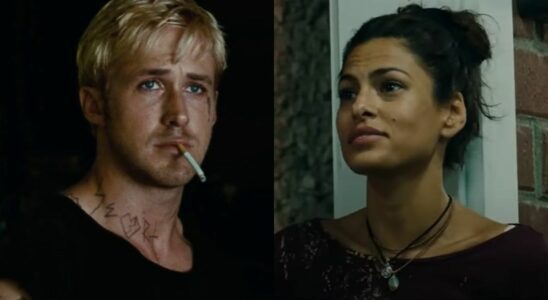 A side by side of Ryan Gosling with a cigerette in his mouth and Eva Mendes looking to her left in Place Beyond the Pines.