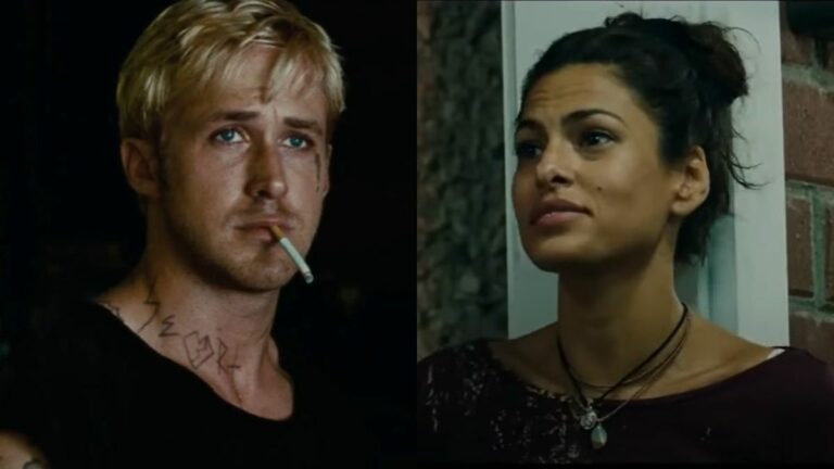 A side by side of Ryan Gosling with a cigerette in his mouth and Eva Mendes looking to her left in Place Beyond the Pines.