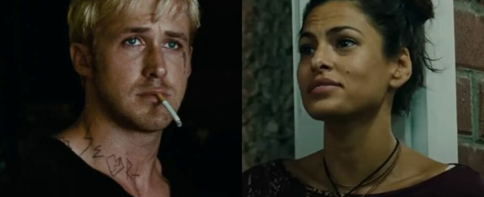 A side by side of Ryan Gosling with a cigerette in his mouth and Eva Mendes looking to her left in Place Beyond the Pines.