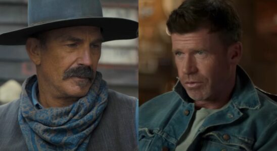 From left to right: Kevin Costner in Horizon and Taylor Sheridan in an interview about Cowboy Camp for his Yellowstone shows.
