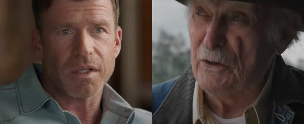 From left to right: Taylor Sheridan talking to the camera and Dabney Coleman playing John Dutton Sr. in Yellowstone.
