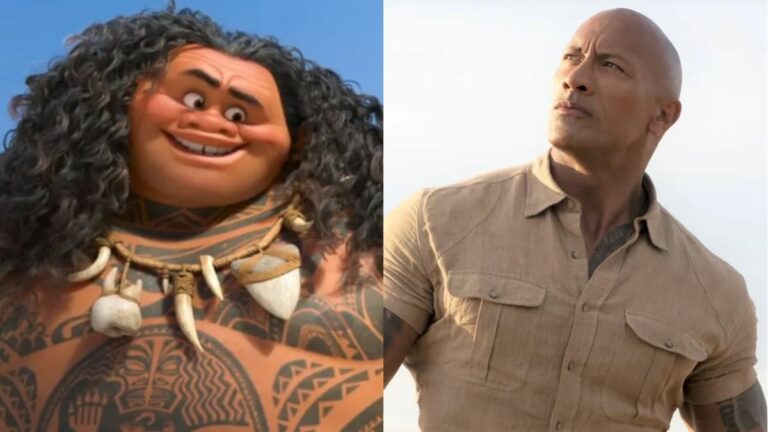 Maui wearing a cocky smile in Moana and Dwayne Johnson standing confidently in the sun in Jumanji: Welcome to the Jungle, side by side.