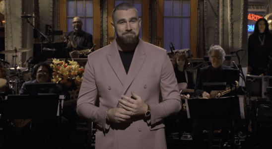 Travis Kelce performing the monologue when hosting Saturday Night Live