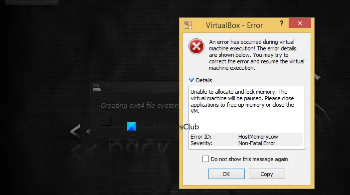 VirtualBox incapable d’allouer et de verrouiller la mémoire