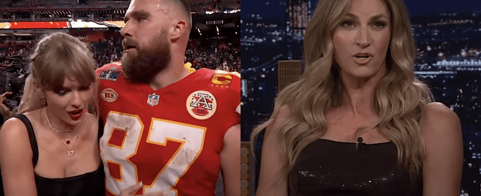 Taylor Swift andTravis Kelce at Super Bowl 2024/Erin Andrews on the Tonight Show with Jimmy Fallon