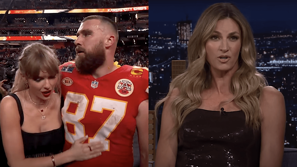 Taylor Swift andTravis Kelce at Super Bowl 2024/Erin Andrews on the Tonight Show with Jimmy Fallon