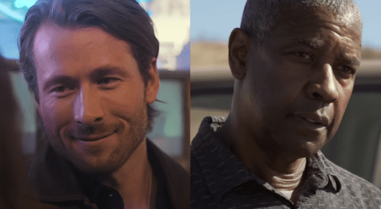 Glen Powell in Hitman/Denzel Washington in The Little Things (side by side)