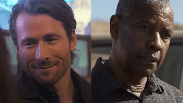 Glen Powell in Hitman/Denzel Washington in The Little Things (side by side) 