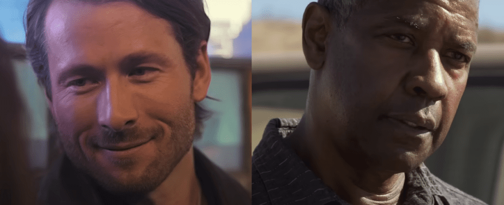 Glen Powell in Hitman/Denzel Washington in The Little Things (side by side)