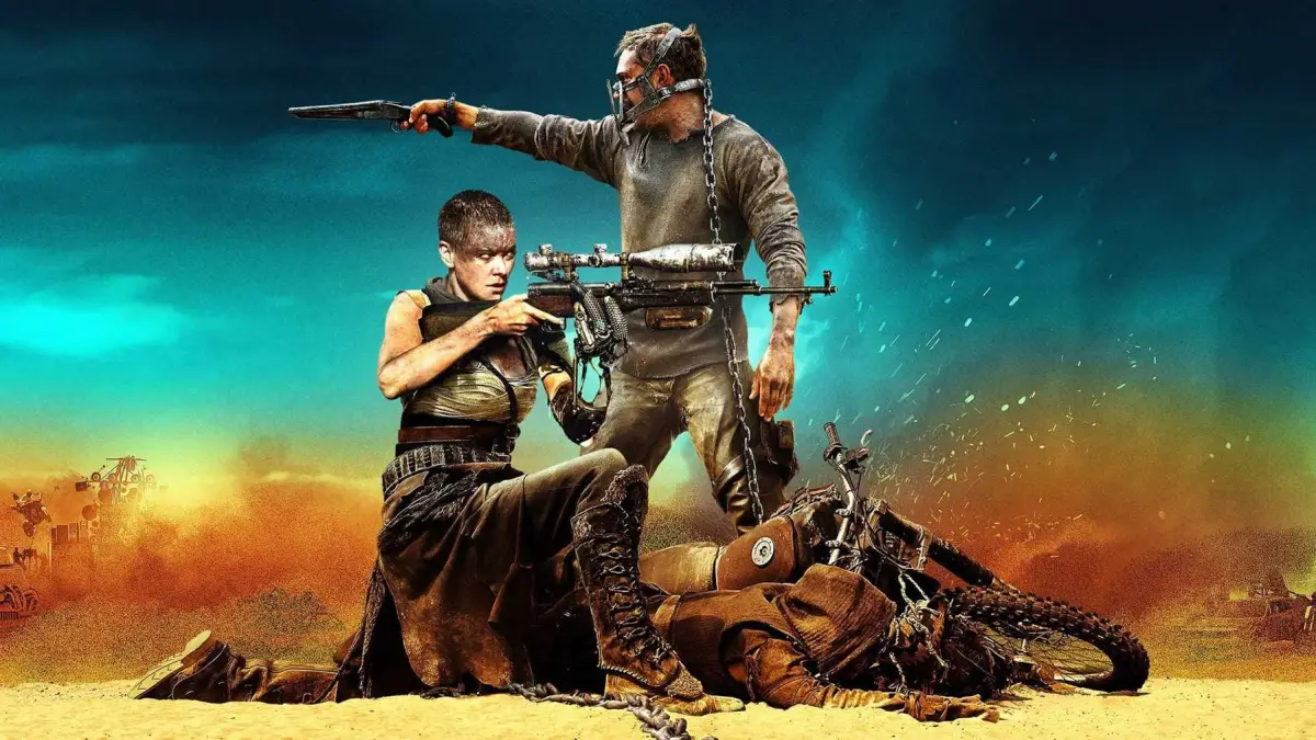 Illustration clé de Mad Max : Fury Road mettant en vedette Max et Furiosa debout côte à côte, tenant des armes.