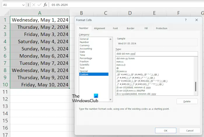 Sélectionnez Format de date personnalisé dans Excel