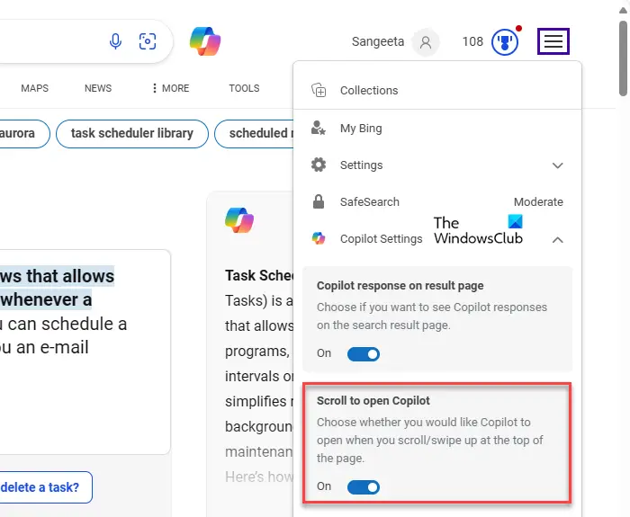 Faites défiler pour ouvrir Copilot activé