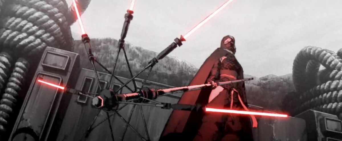 Un seigneur Sith brandit un sabre laser tournant dans Star Wars : Visions