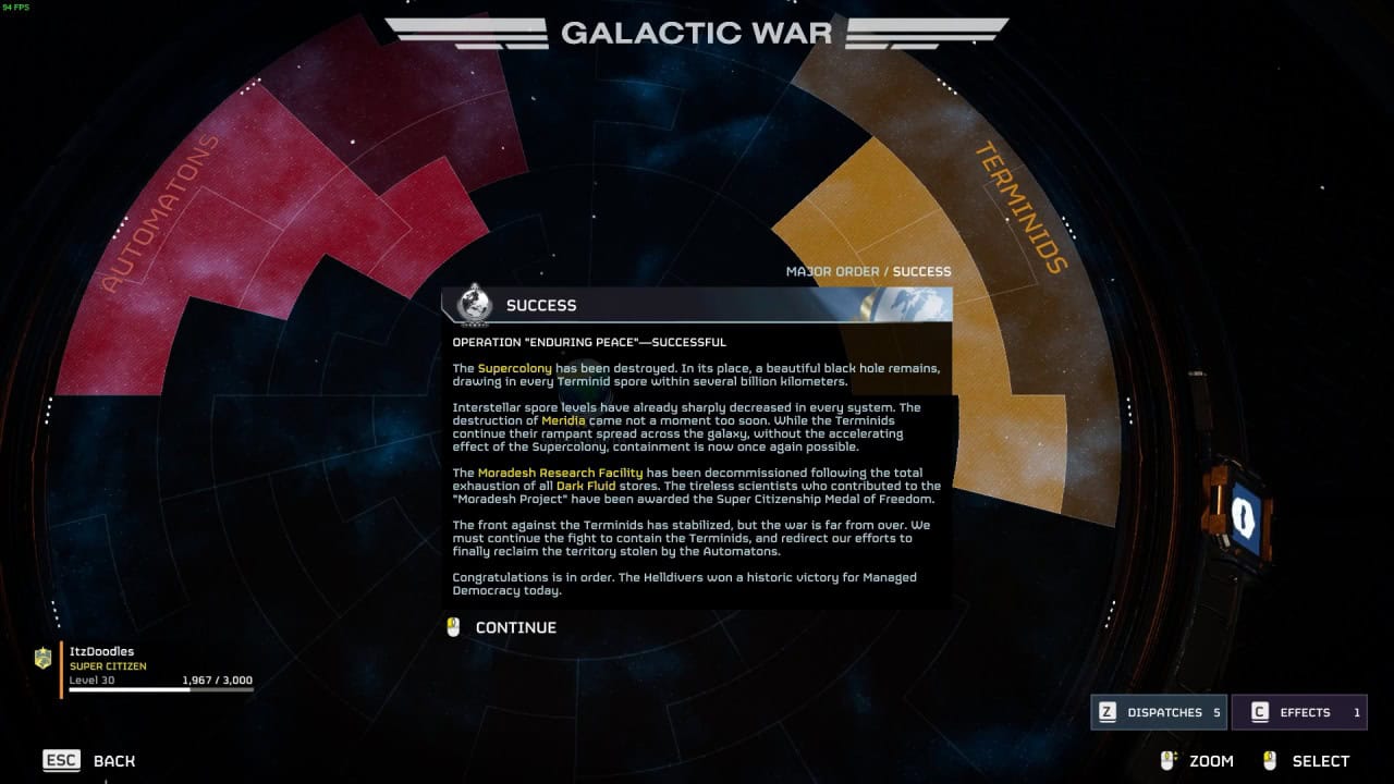 Écran de jeu affichant un message de réussite de mission dans "Guerre Galactique." Opération "Rencontrer la paix" est terminé.  Le message détaille le succès de la mission, les points attribués et son importance historique dans le contexte de Méridia.