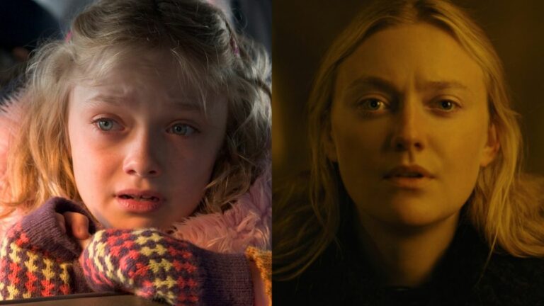 Dakota Fanning in War of the Worlds looking scared and Dakota Fanning in The Watchers looking out to the distance