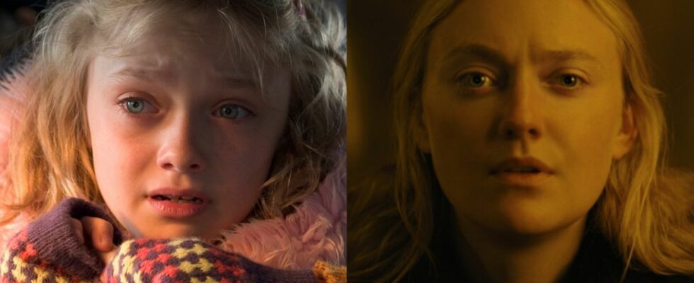 Dakota Fanning in War of the Worlds looking scared and Dakota Fanning in The Watchers looking out to the distance
