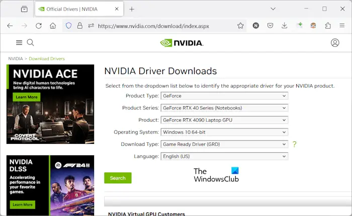 Téléchargez le pilote de la carte graphique NVIDIA