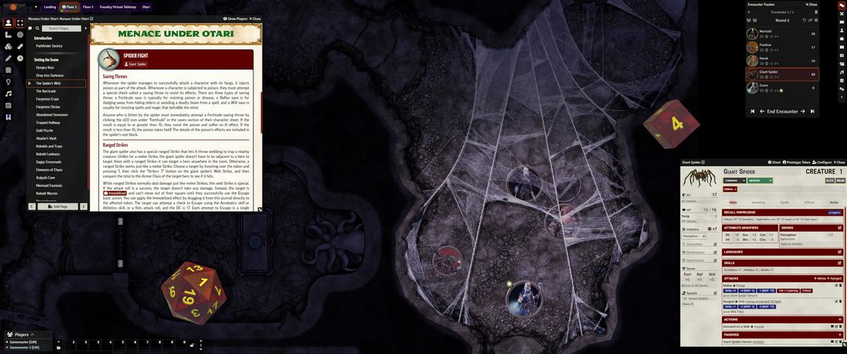 Une carte de combat virtuelle sur table, avec une grotte couverte de toiles d'araignées.  Les informations concernant un adversaire araignée géante sont récupérées. 