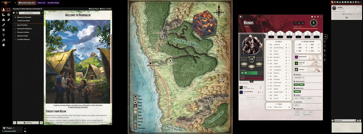 Une capture d'écran présentant une page d'un livre source de D&D, une carte de Neverwinter Wood et une feuille de personnage