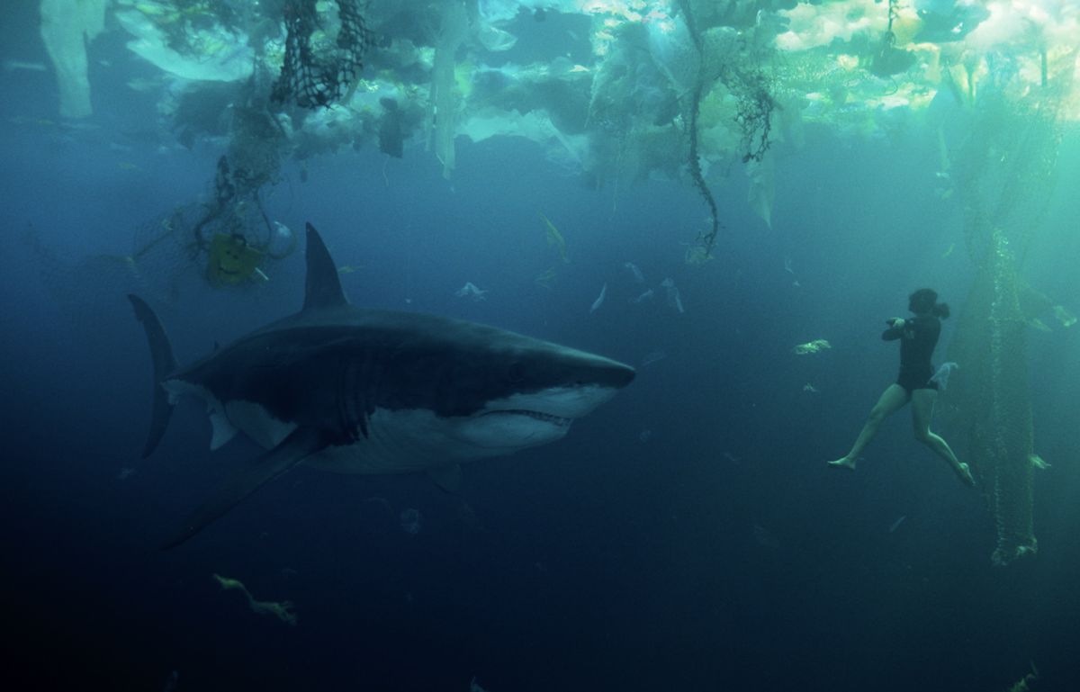 Sophia (Bérénice Bejo), une petite silhouette vêtue d'un scaphandre noir, est suspendue sous la surface d'un océan rempli de déchets alors qu'un immense requin s'approche d'elle de plein fouet dans le thriller de requin Netflix de Xavier Gens, Under Paris.