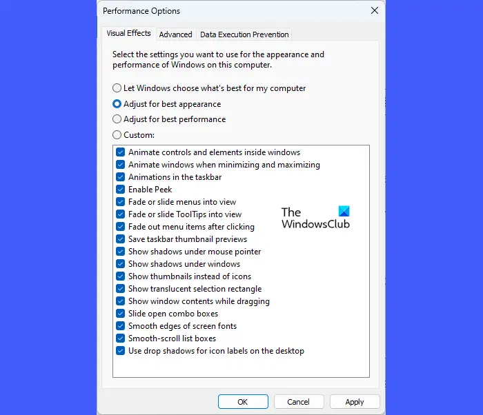 Options de performances de Windows 11