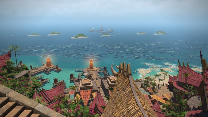 Capture d'écran de Final Fantasy 14 de la vue depuis la ville surplombant l'océan bleu