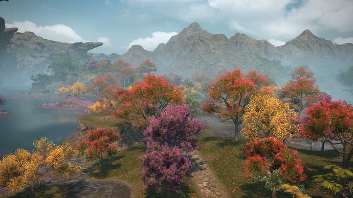 Capture d'écran de Final Fantasy 14 montrant la jungle, les montagnes et les arbres aux couleurs vives