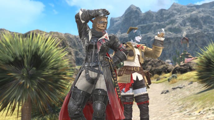 Capture d'écran de Final Fantasy 14 montrant deux personnages féminins de chat Hrothgar posant