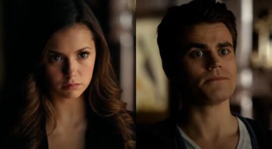 From left to right: a side by side of Nina Dobrev looking serious and Paul Wesley with wide-eyes in The Vampire Diaries.