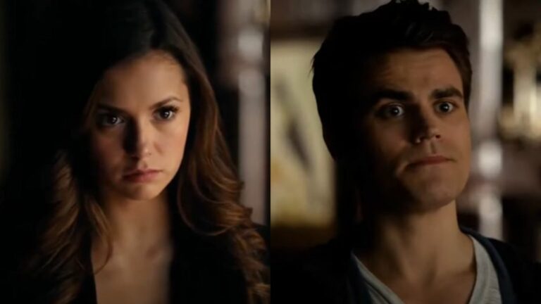 From left to right: a side by side of Nina Dobrev looking serious and Paul Wesley with wide-eyes in The Vampire Diaries.