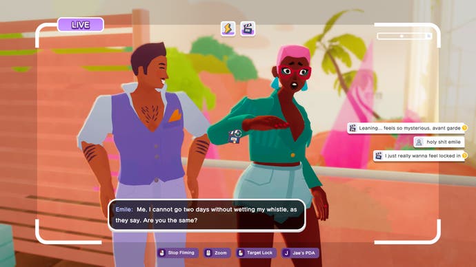 Capture d'écran de The Crush House montrant deux personnages discutant filmés par le joueur